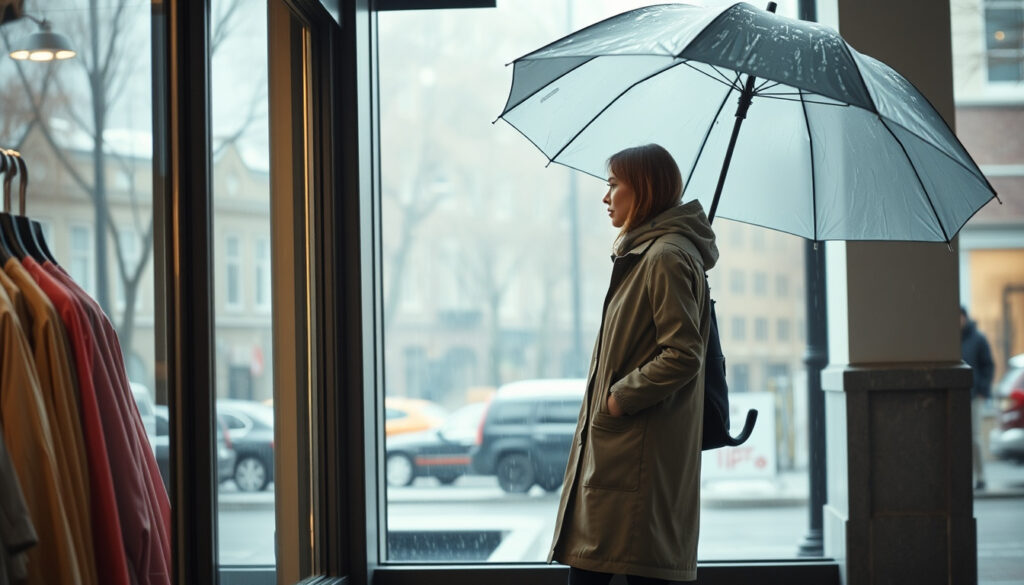 Nainen pitelee sadetta varten klassista pitkää sadetakkia sisäänkäynnillä sateisena päivänä.