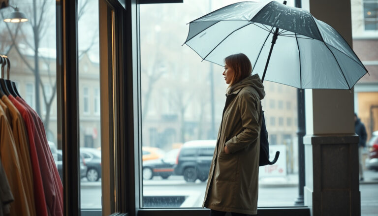 Nainen pitelee sadetta varten klassista pitkää sadetakkia sisäänkäynnillä sateisena päivänä.