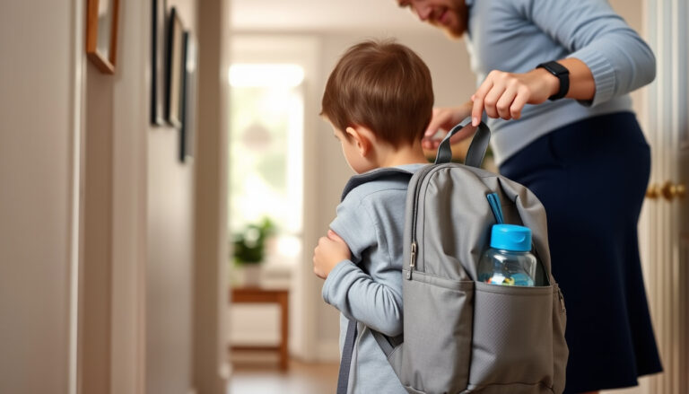 Lapsi kokeilee pakattua lasten reppua pehmustetuilla olkahihnoilla aikuisen auttaessa sovituksessa kodin eteisessä
